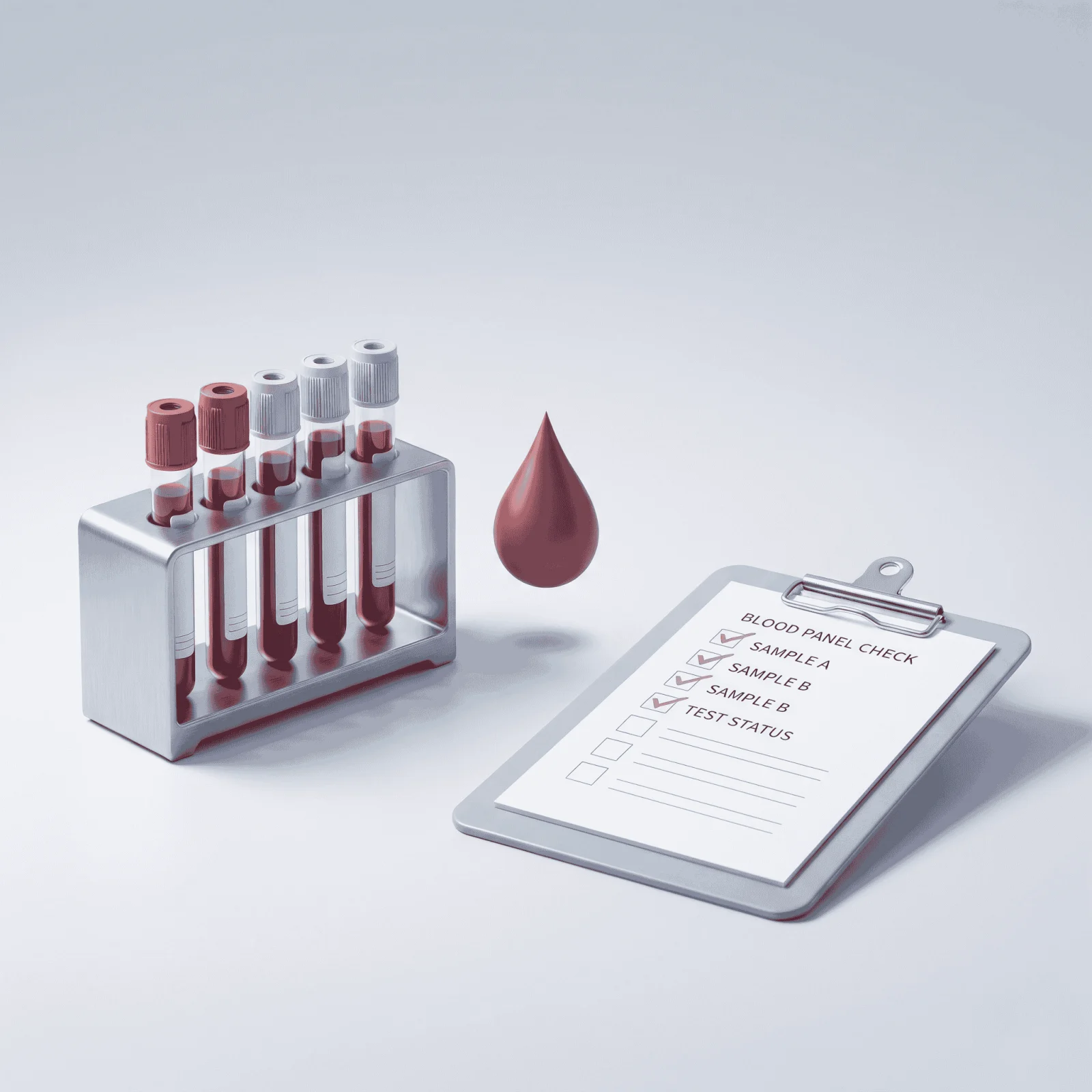 Illustration of a blood collection tube rack, a droplet and a clipboard checklist