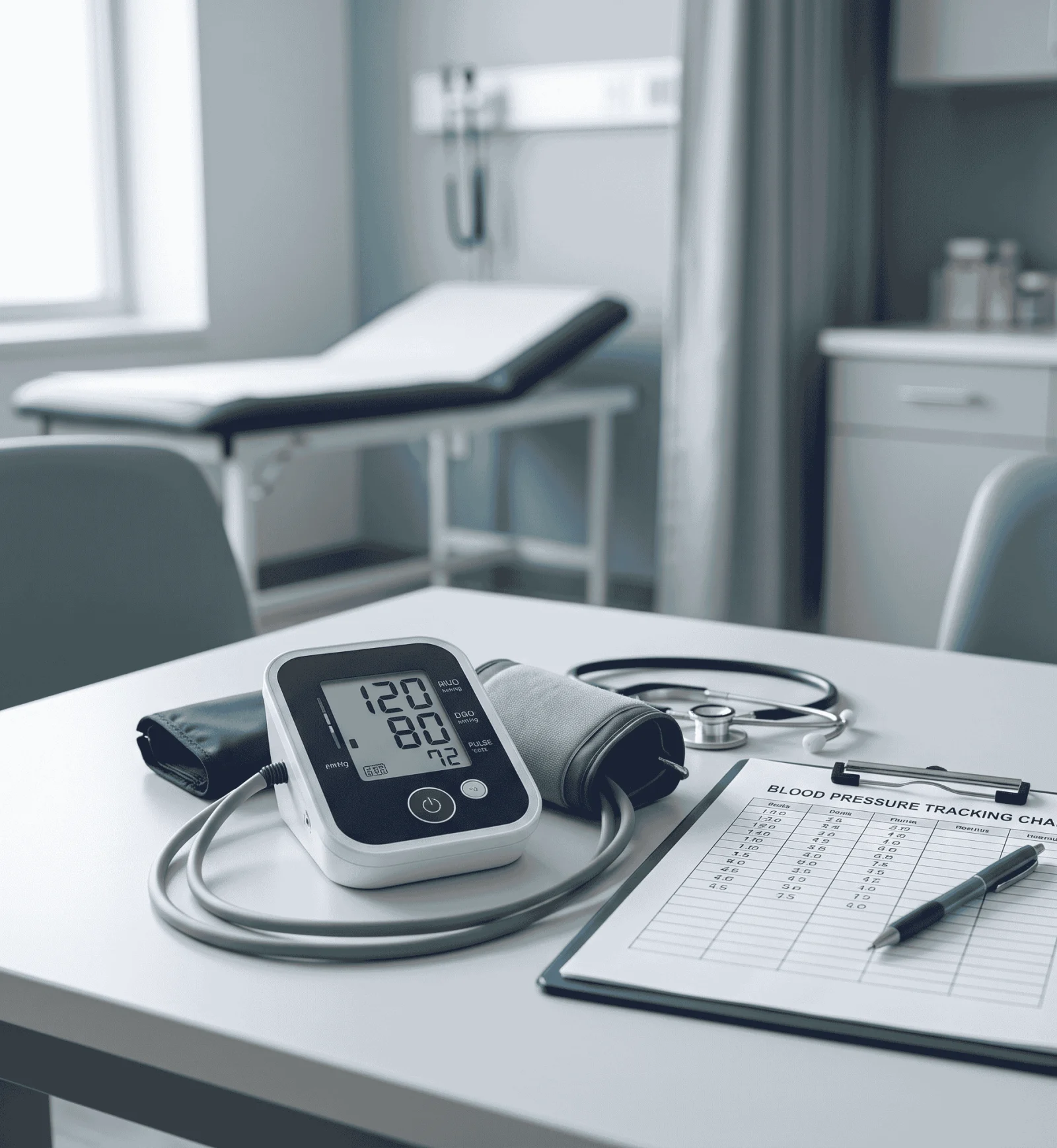 Illustration of an upper-arm blood pressure cuff with a gauge and a heart