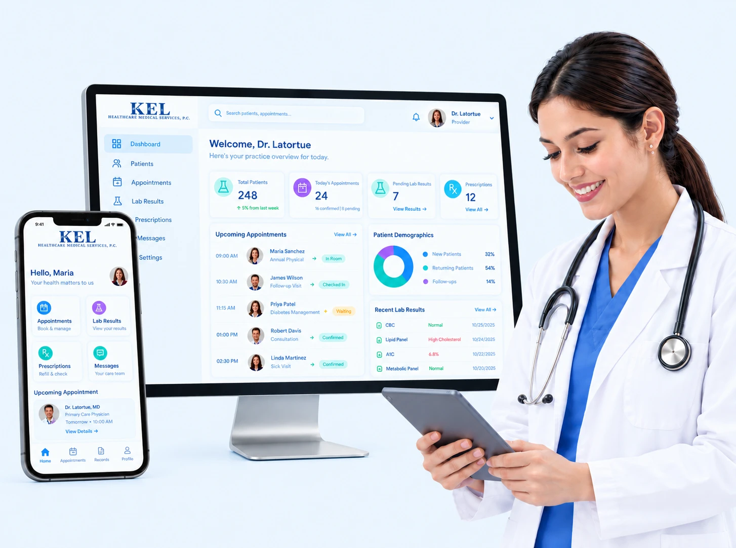 A KEL Healthcare clinician with the KEL patient dashboard on a desktop, a tablet and a phone
