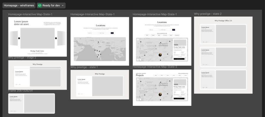 Grayscale wireframe of the interactive location map and project filters