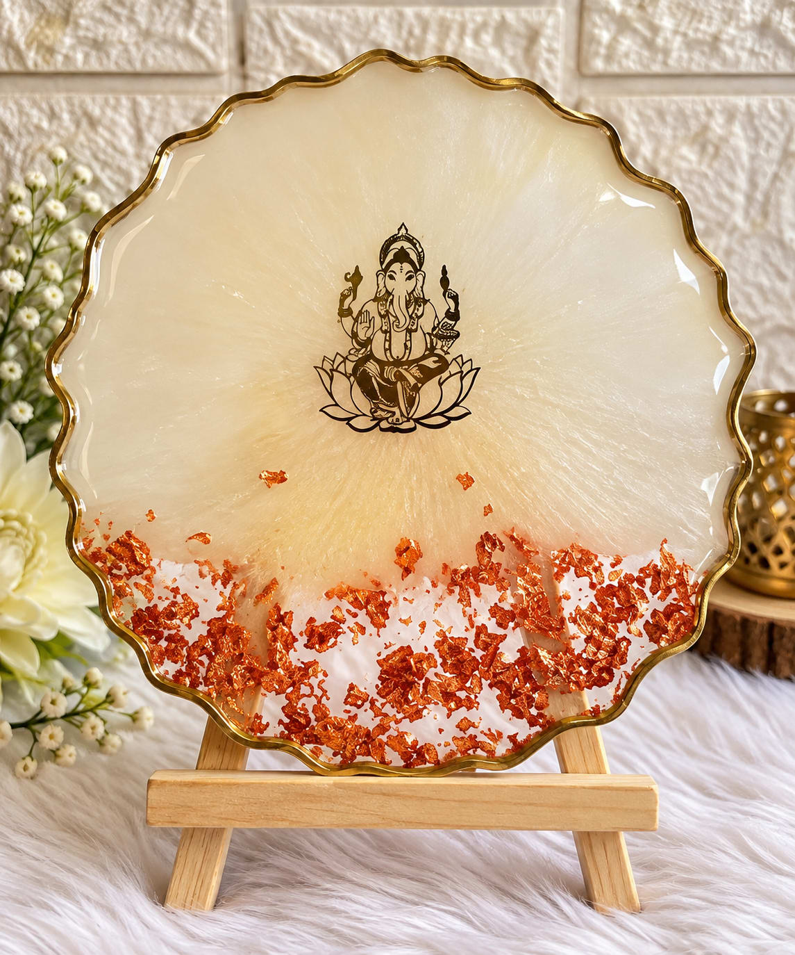 Handmade Resin Ganesha Plaque with Copper Flakes & Wooden Stand