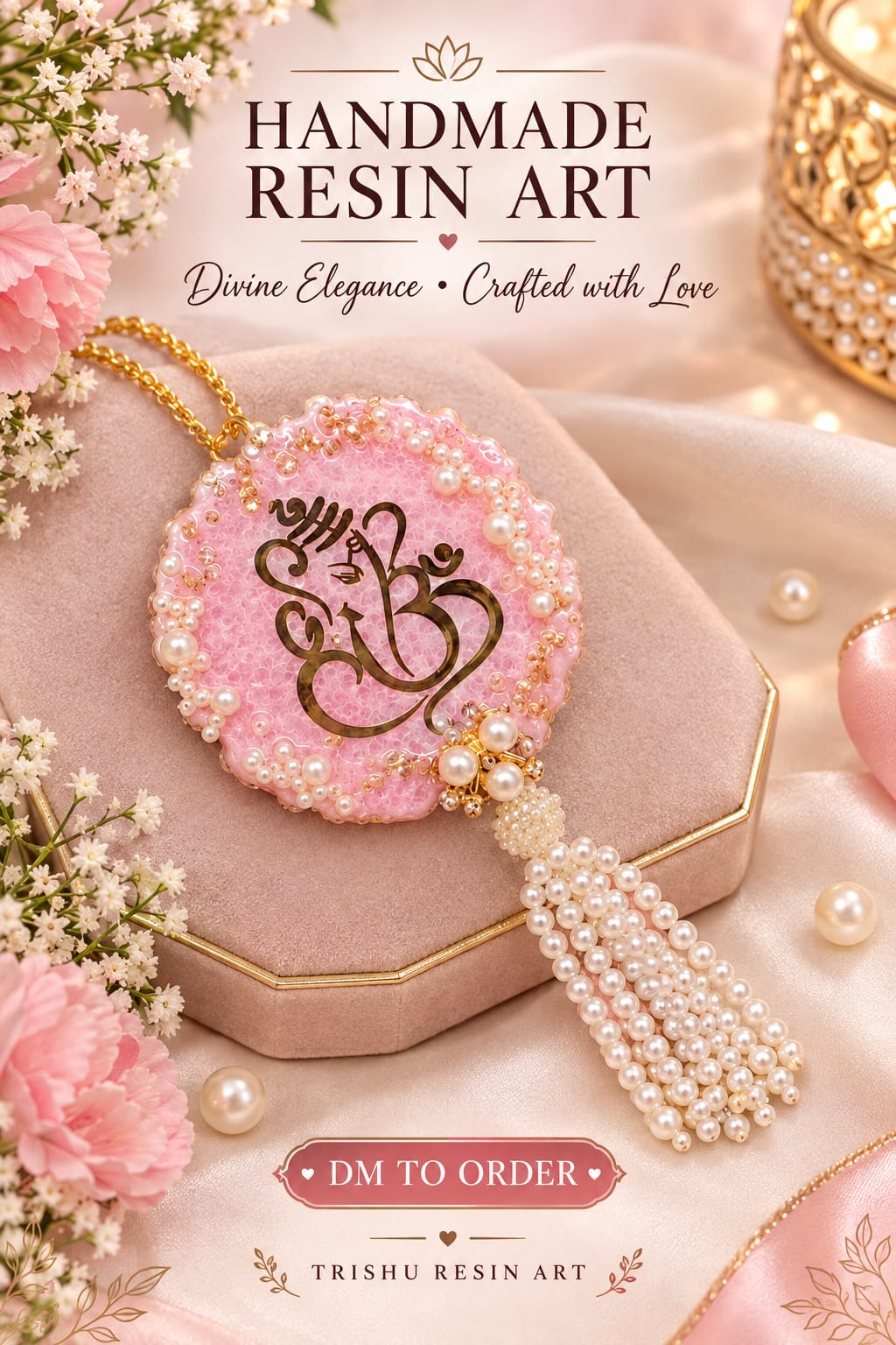 Handmade Pink Resin Ganesha Hanging with Pearl Detailing