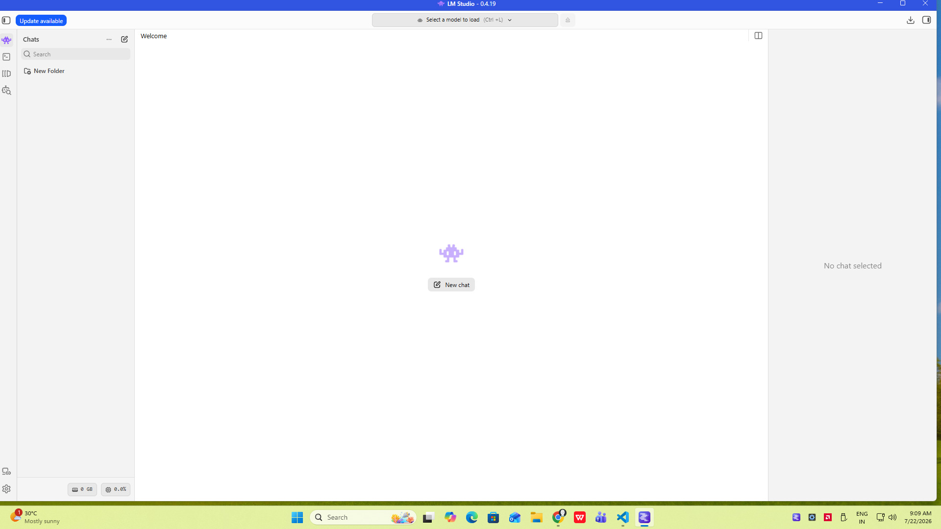 The LM Studio welcome screen right after install, no model loaded and nothing running yet.