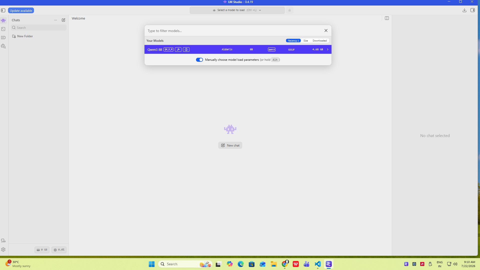 The model picker showing a previously downloaded Qwen3 8B model, ready to load.