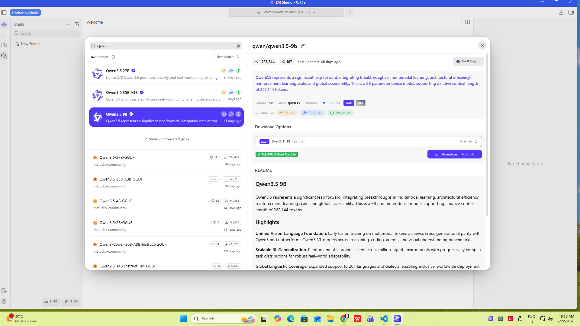 Marketplace search results for Qwen, showing model details, capabilities, and download size before committing to anything.