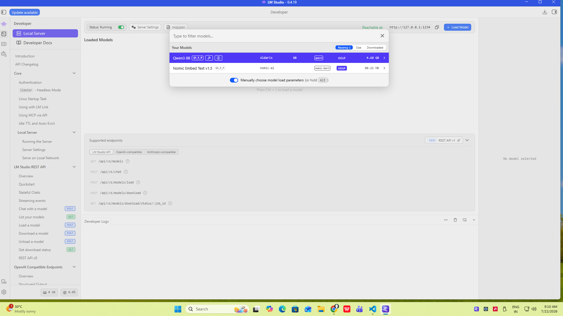 Choosing which model to load into the server, with Qwen3 8B and a Nomic embedding model both available.