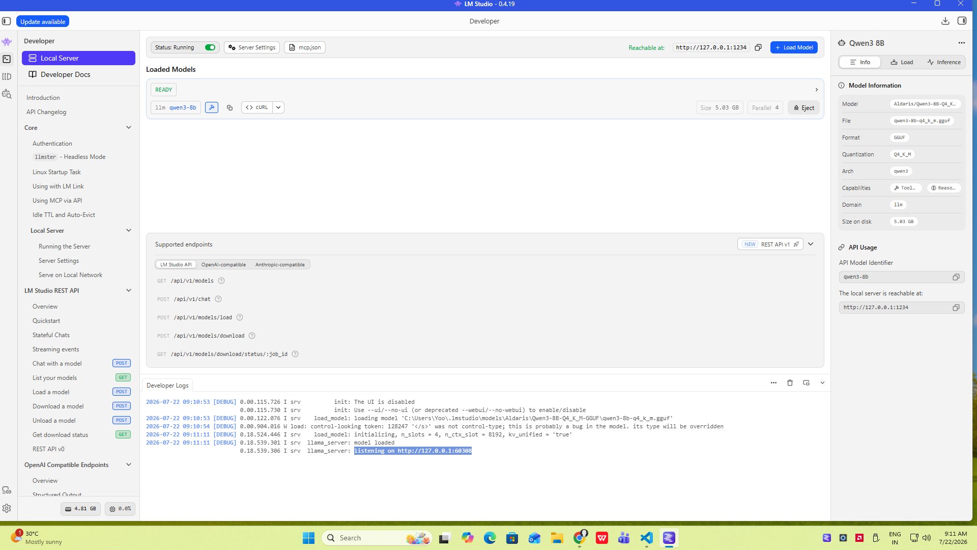 The Developer tab before any model is loaded, showing the local server status and the REST endpoints it exposes.