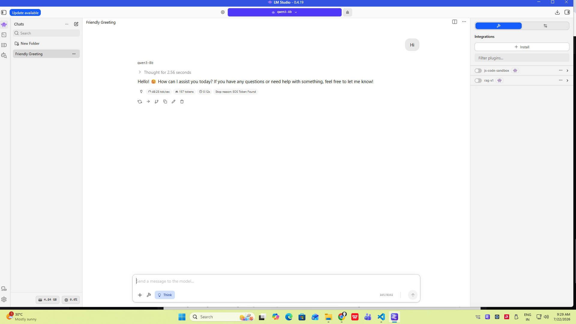 A new chat with Qwen3 8B already loaded and ready to type into, integrations panel visible on the right.