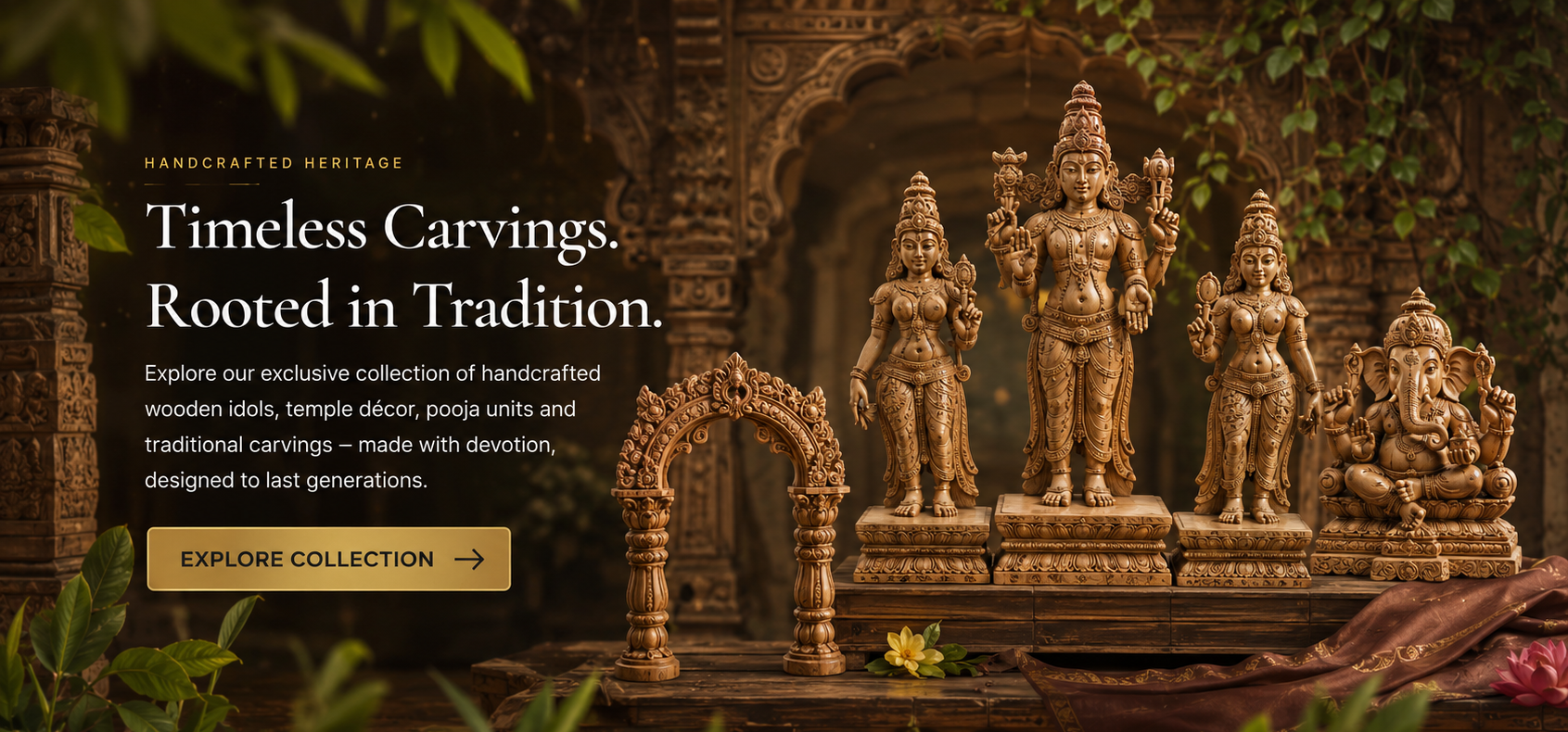 Handcrafted Heritage — Timeless carvings rooted in tradition. Explore our exclusive collection of handcrafted wooden idols, temple décor, and pooja units.