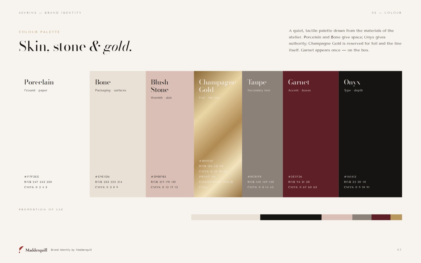 Sevrine colour palette with HEX, RGB and CMYK values