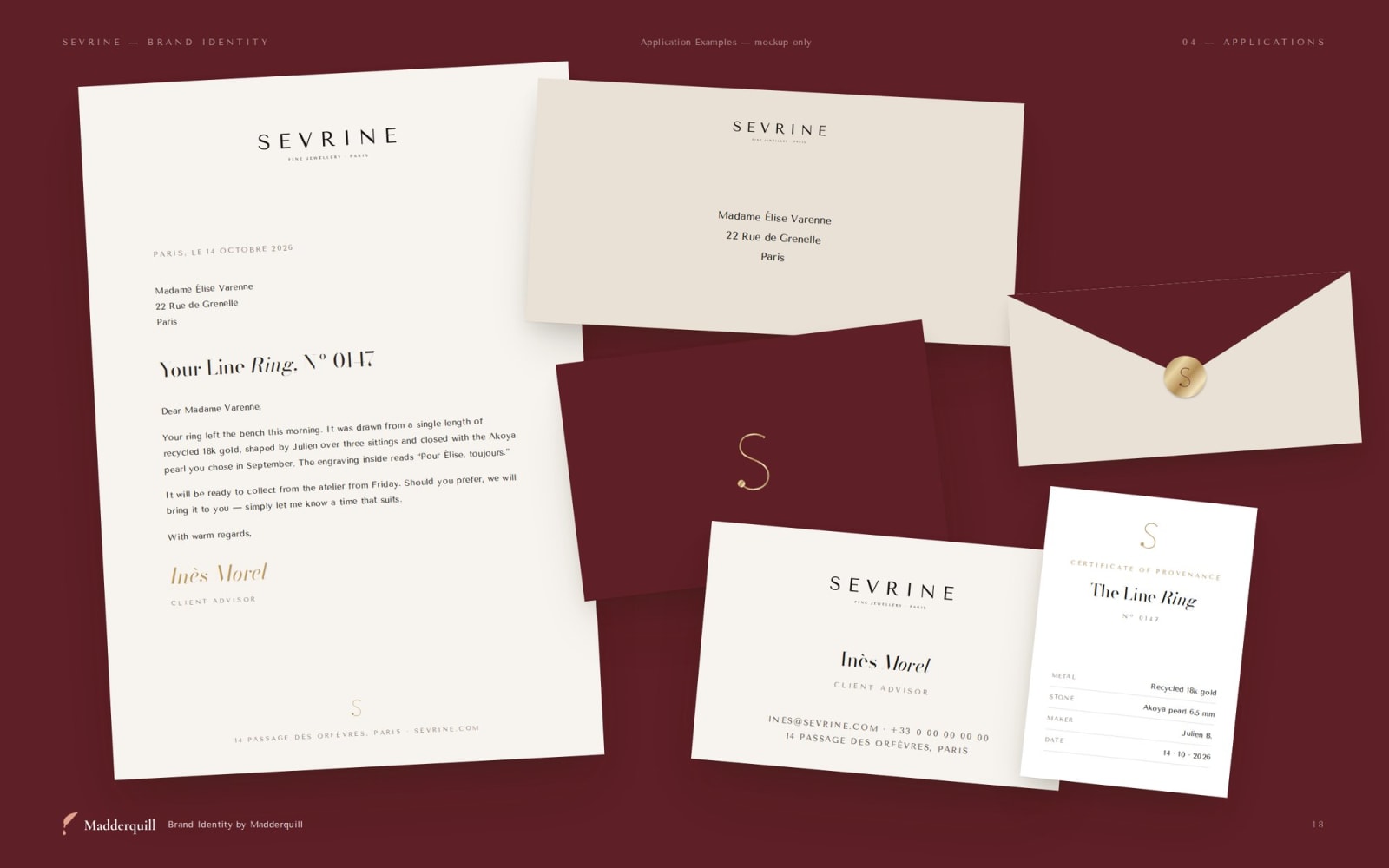 Sevrine stationery suite, application example mockup