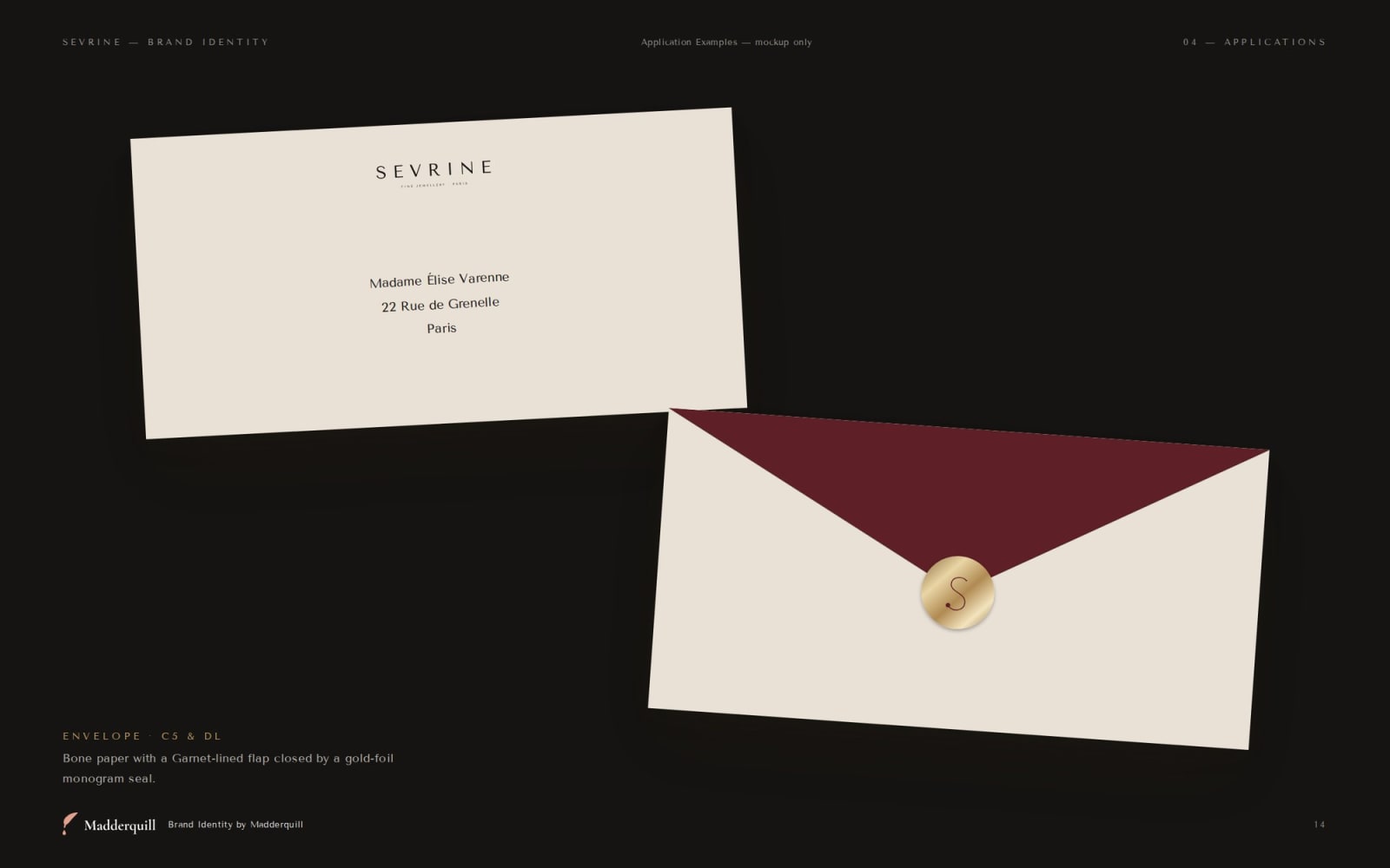 Sevrine envelope, application example mockup