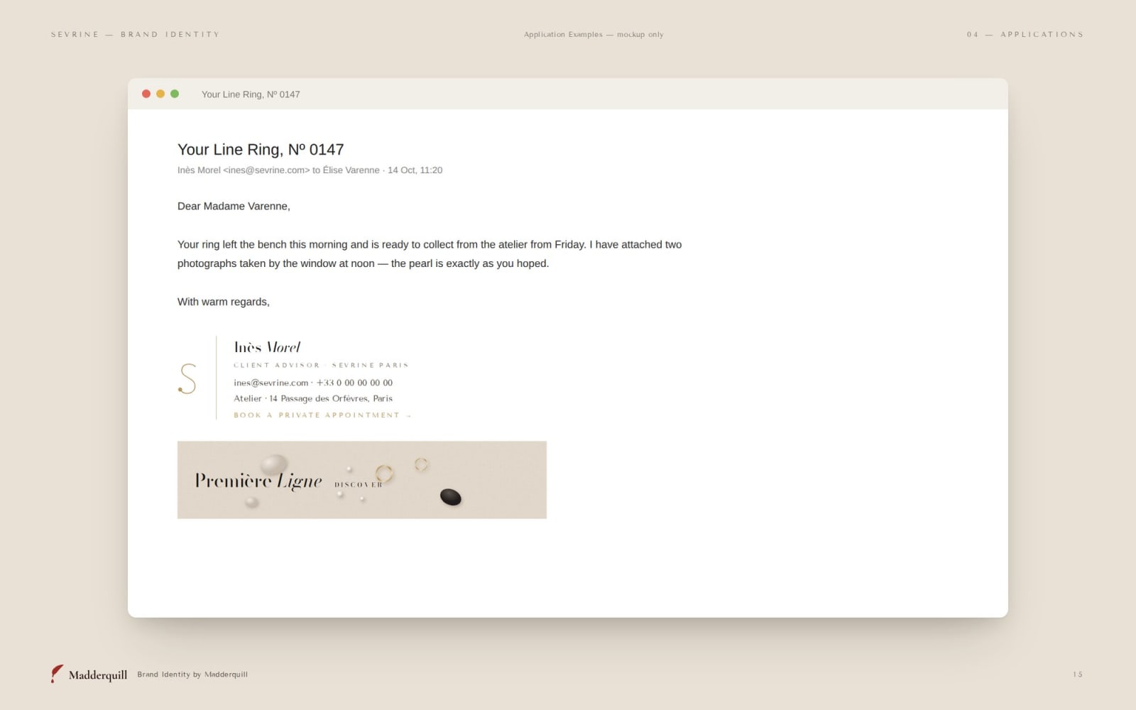 Sevrine email signature, application example mockup