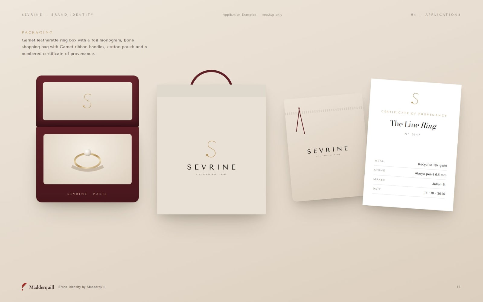 Sevrine ring box, shopping bag, pouch and certificate, application example mockup
