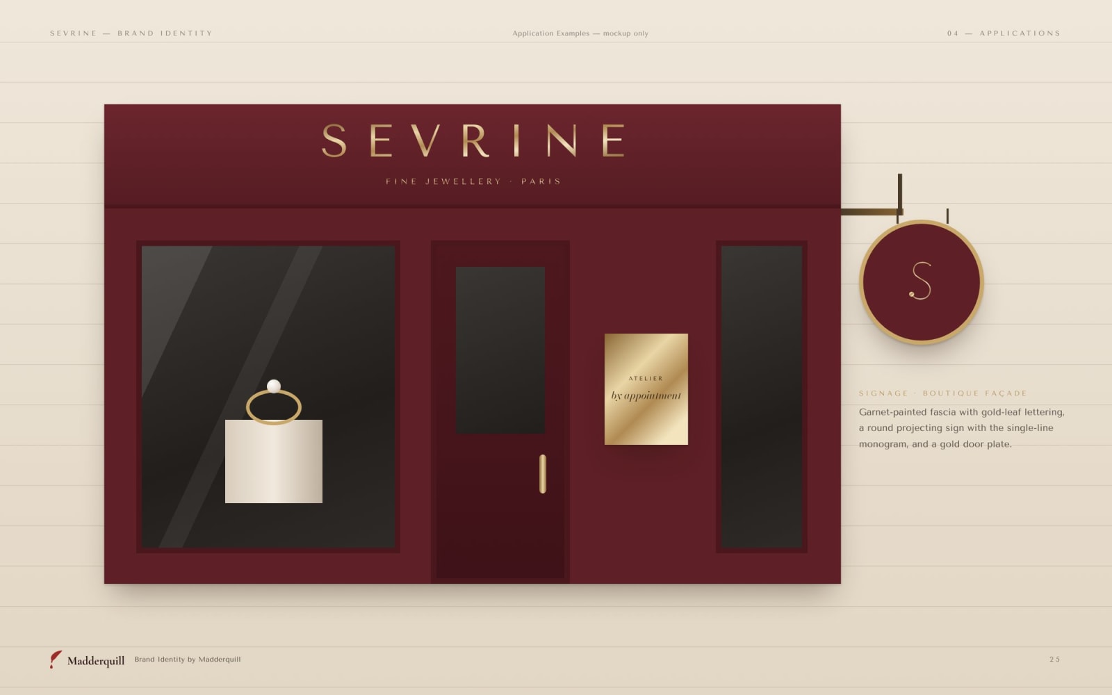 Sevrine boutique façade and projecting sign, application example mockup