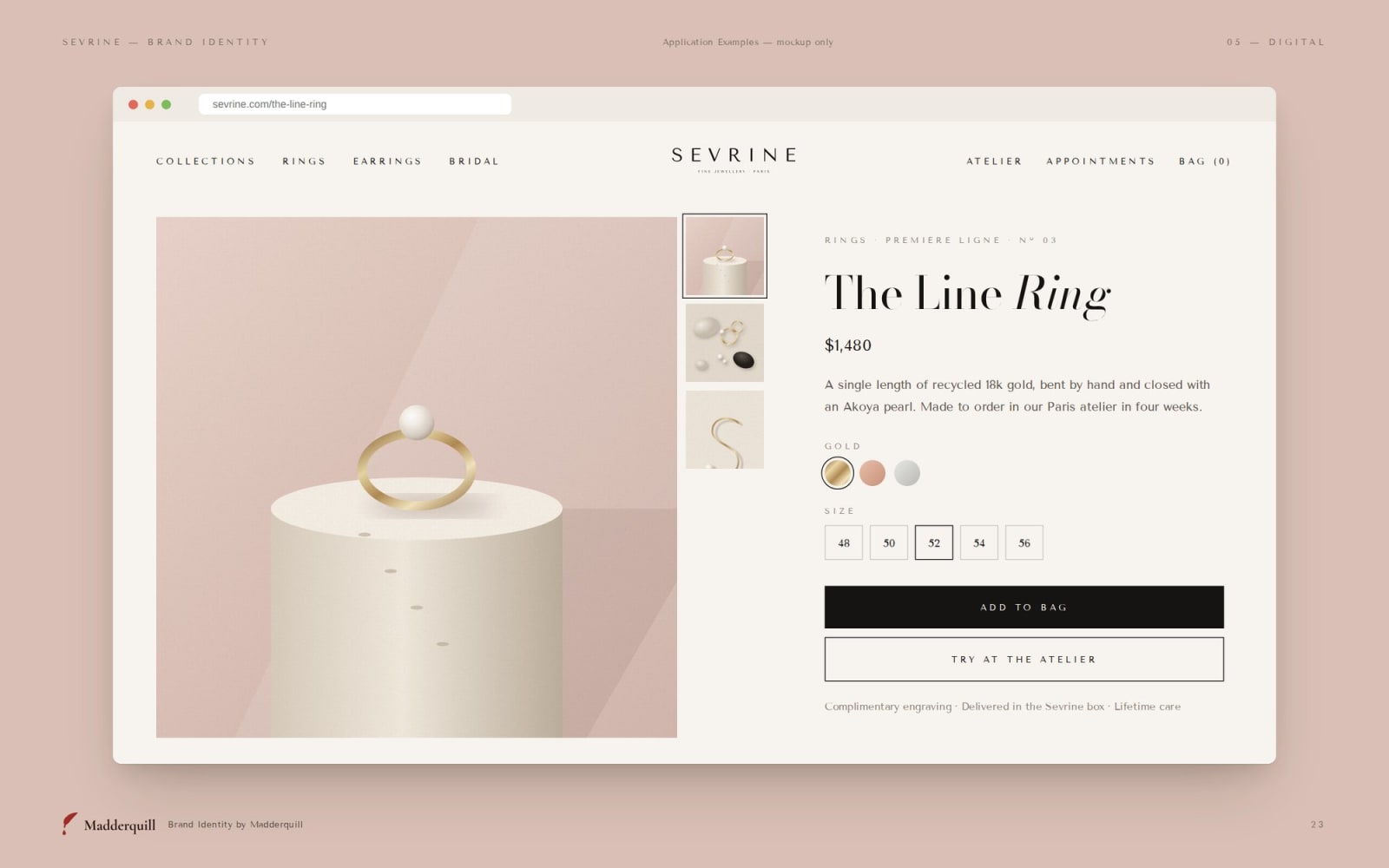 Sevrine website product page, application example mockup