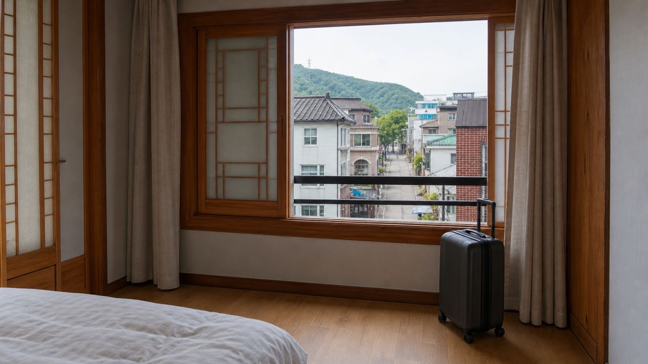 A quiet Korean small-town lodging room, viewed at eye level through a wide interior composition, with an empty window framing a calm local street and one small unmarked travel suit