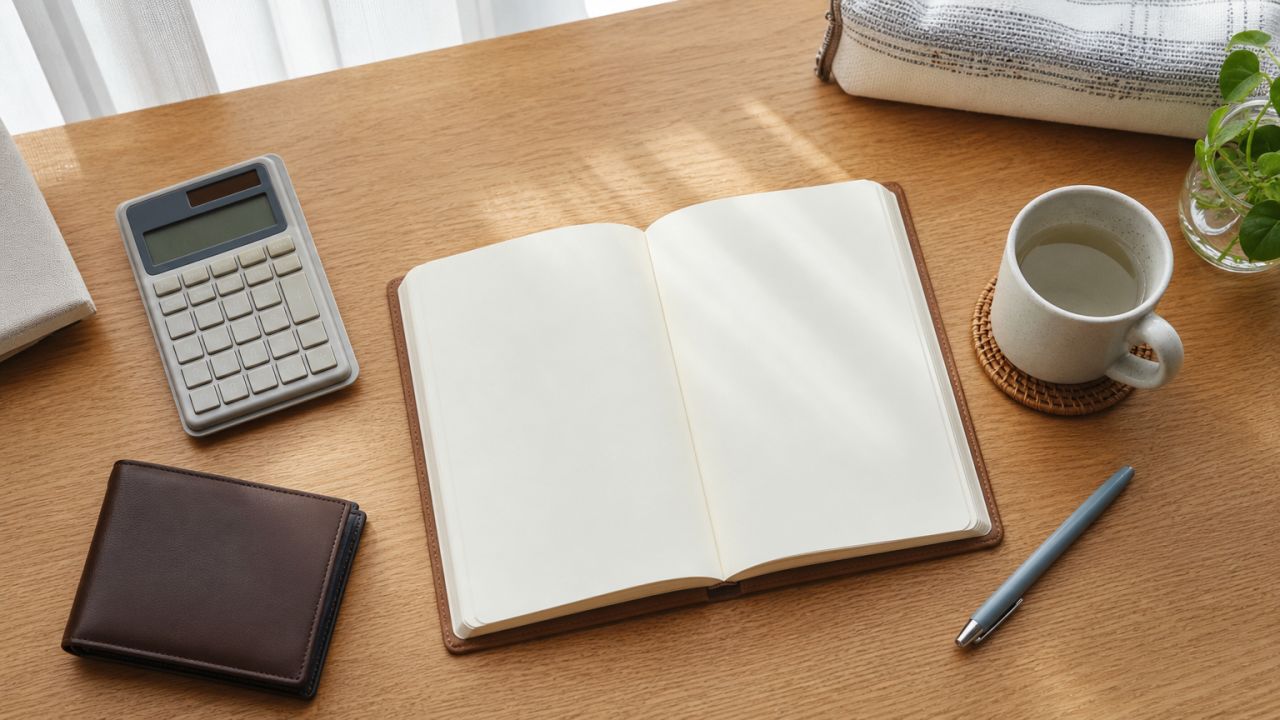 An overhead close view of a home desk in Korea, with a blank open itinerary notebook at the center, a simple calculator and a closed unmarked wallet beside it, suggesting a travele