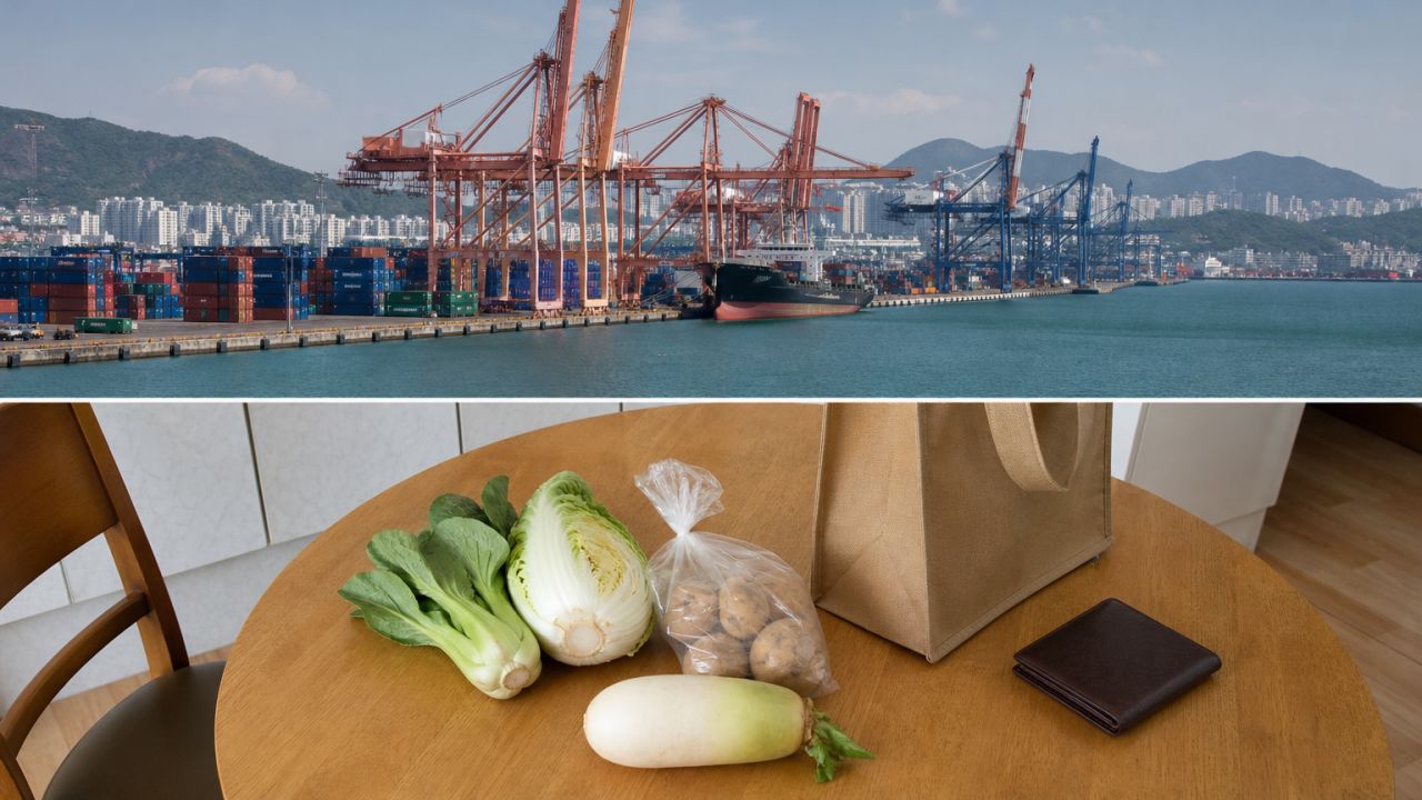 A quiet Korean export harbor with stacked cargo containers and tall cranes, viewed from a wide eye-level distance, contrasted in the foreground by a separate close overhead view of