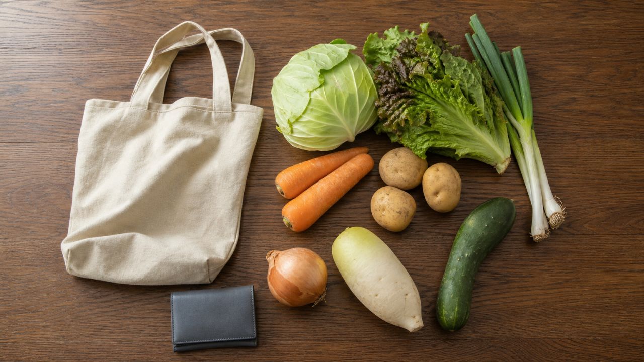 A Korean kitchen table seen from directly overhead, with a modest amount of fresh vegetables beside an unmarked reusable shopping bag and a closed wallet, showing everyday grocery