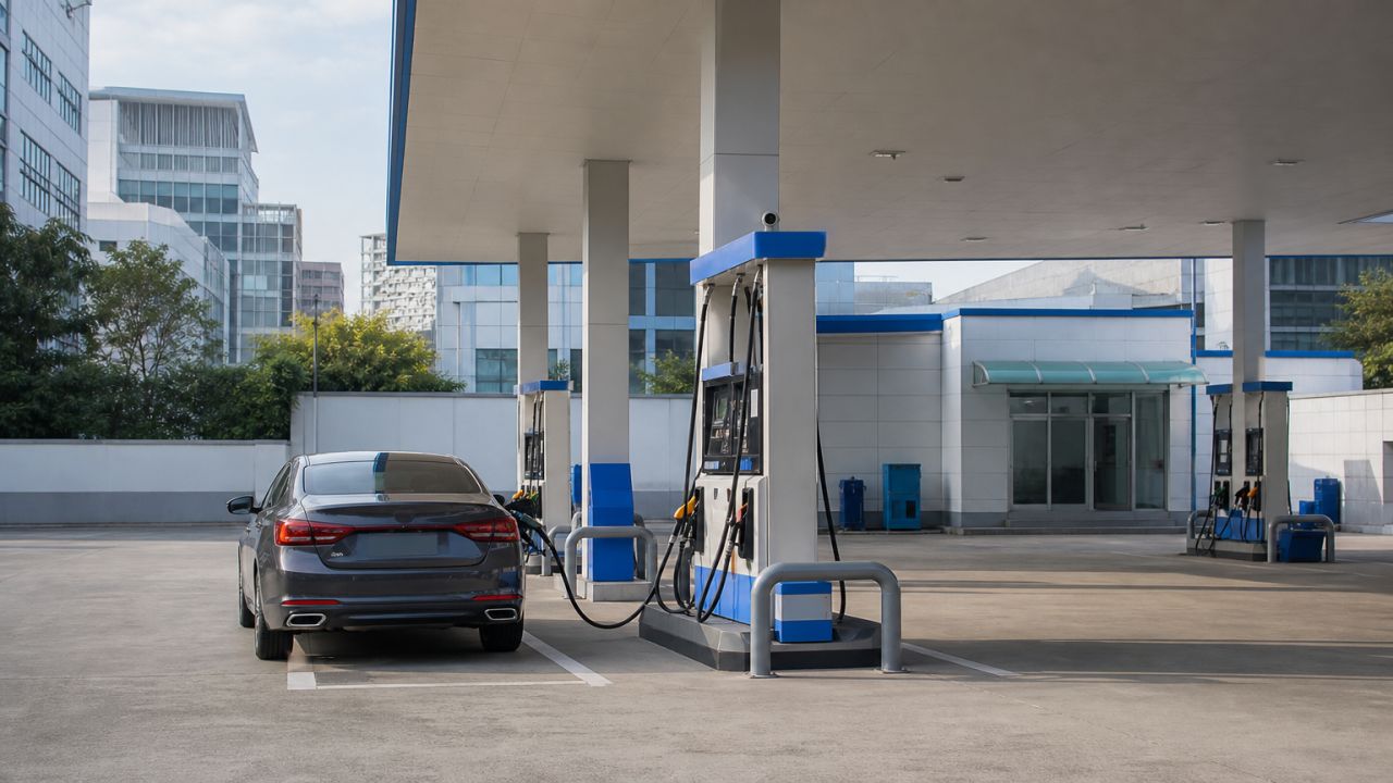 An unoccupied Korean city gas station, seen from outside at eye level in a wide view: one ordinary passenger car beside a fuel pump, conveying the everyday refueling setting withou