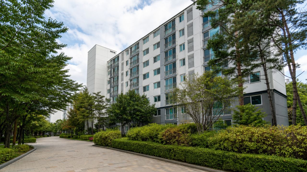 A quiet Korean residential complex with modest mid-sized apartment buildings and an empty pedestrian path, viewed in a wide eye-level shot, suggesting a home-buying decision shaped