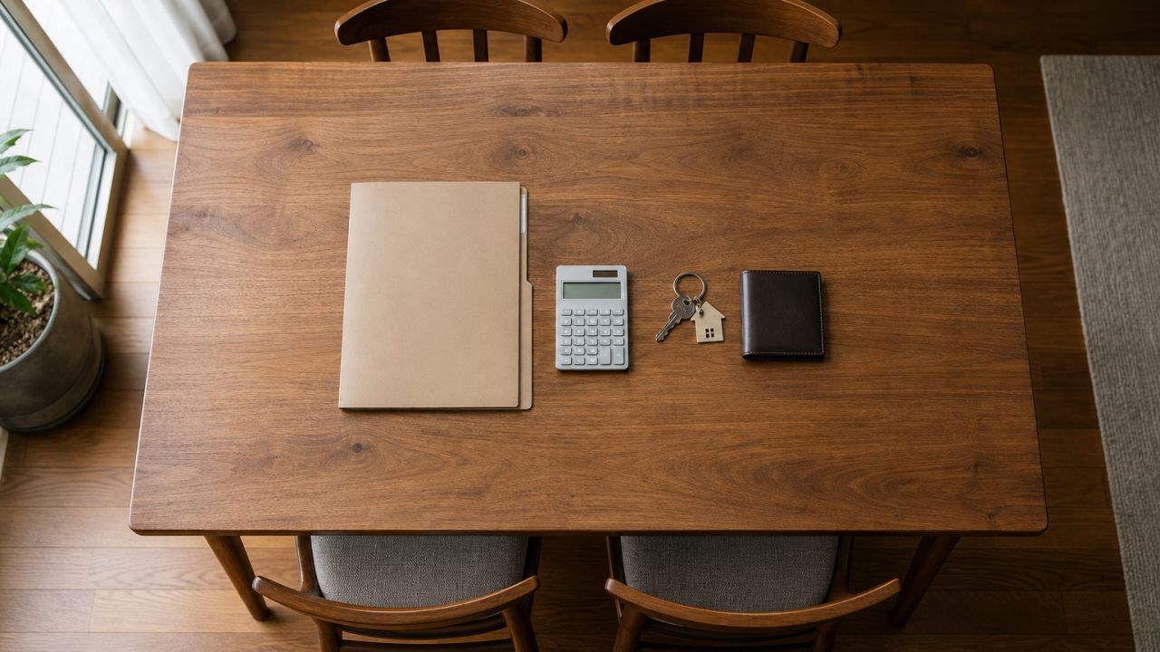 A quiet Korean home&rsquo;s dining table seen from directly overhead, with an unmarked document folder, a simple calculator, house keys and a closed wallet arranged neatly to suggest car