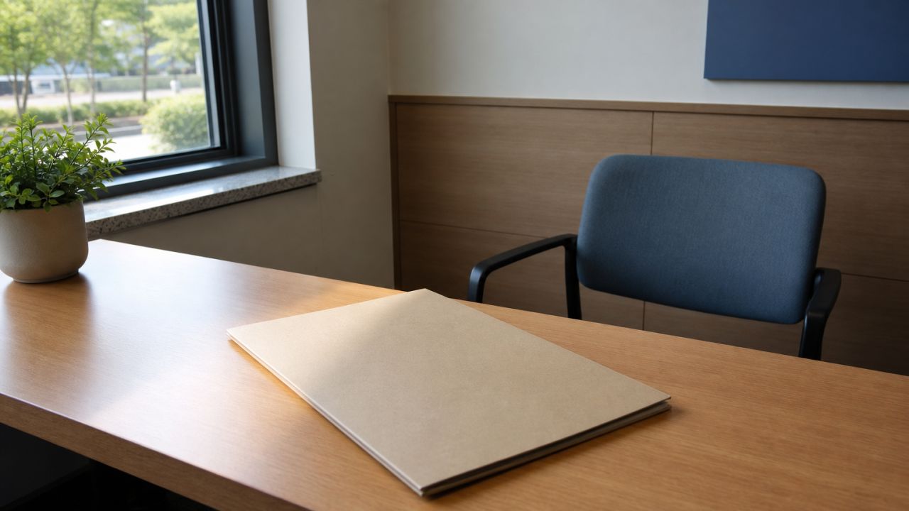 Photorealistic horizontal 16:9 photograph of an unoccupied public consultation room in Korea, seen from a close, diagonal viewpoint beside a window