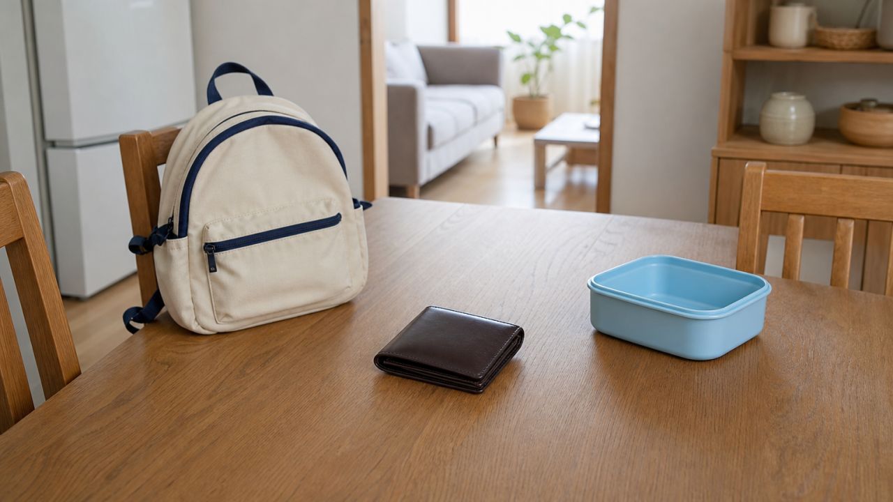 Photorealistic horizontal 16:9 photograph of a quiet Korean home dining area in soft natural daylight, viewed at eye level in a wide interior composition