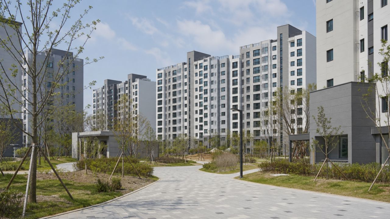 Photorealistic horizontal 16:9 wide establishing view of a newly built public-housing complex in the Seoul metropolitan area, seen from across a quiet landscaped courtyard in soft