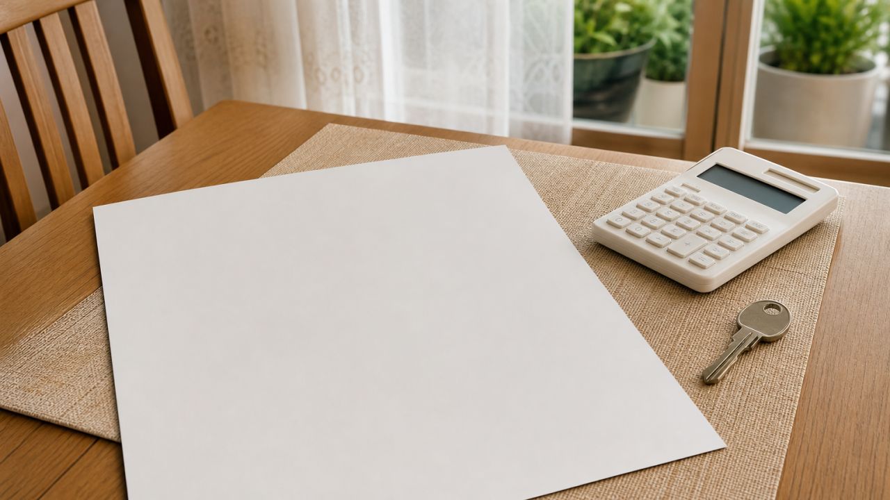 Photorealistic horizontal 16:9 close-up from a slightly elevated oblique viewpoint of a home dining table, with a blank unmarked sheet representing a housing application schedule,