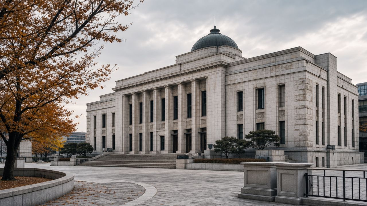 한국 중앙은행을 연상시키는 석조 금융기관 외관과 흐린 가을 하늘 | 가정 책상 위 대출 서류와 계산기·동전이 놓인 생활비 점검 장면