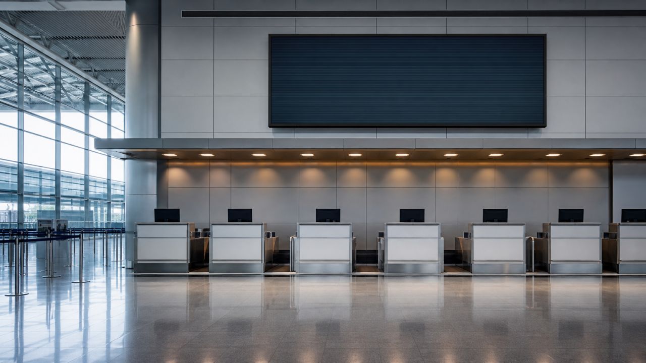 사람이 없는 공항 체크인 구역의 넓은 풍경