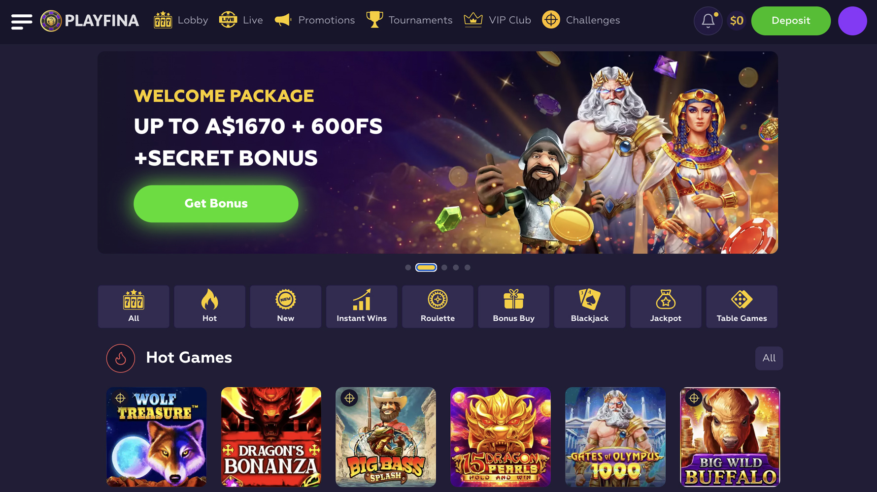 Playfina Aussie Casino Homepage
