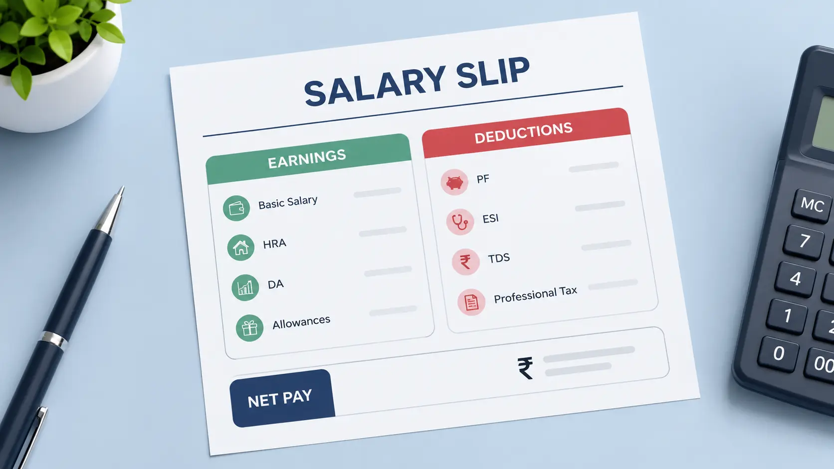 Sample salary slip showing earnings and deductions breakdown including Basic, HRA, DA, PF, and TDS