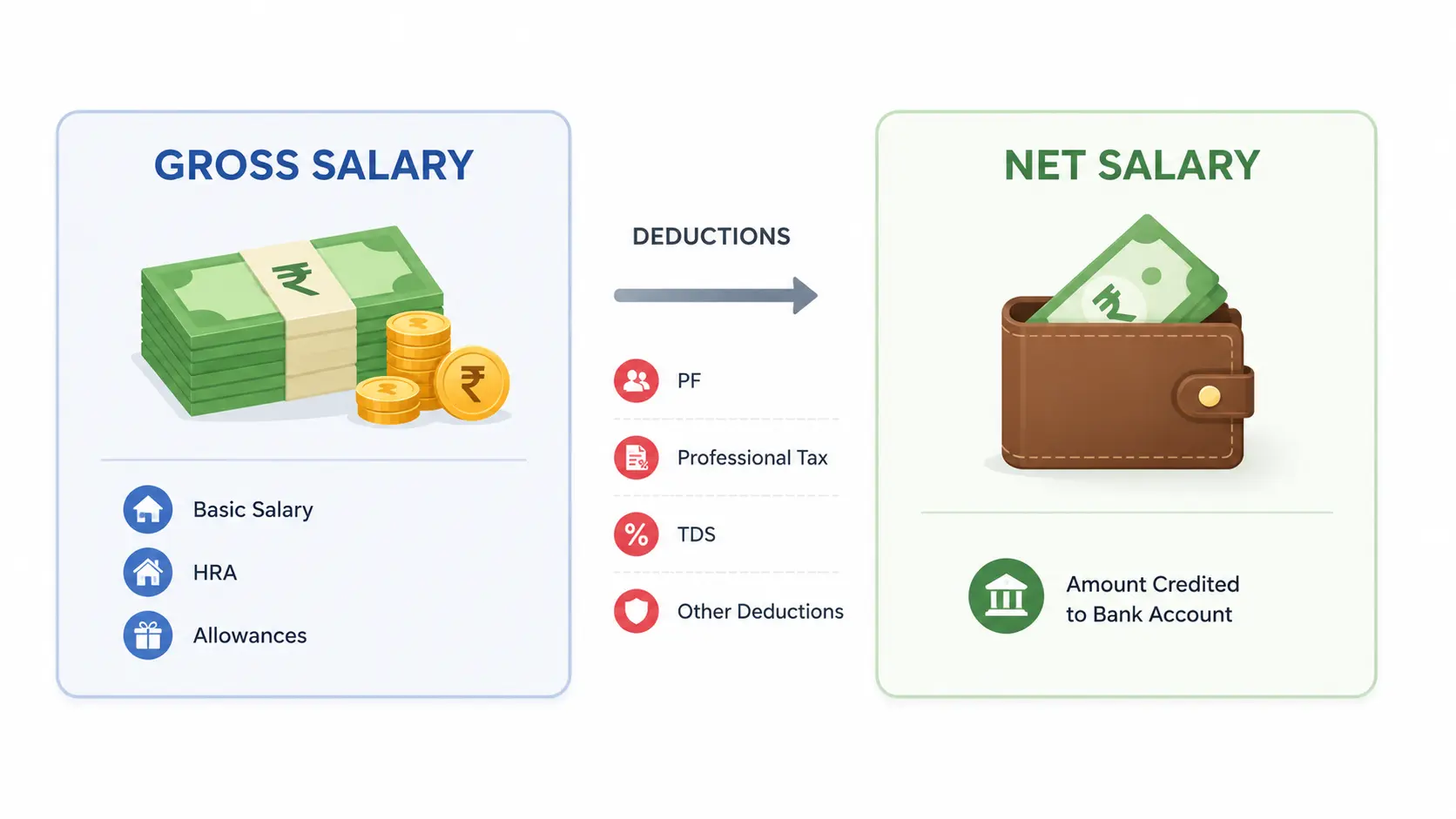 Comparison chart of gross salary and net salary showing the deductions in between