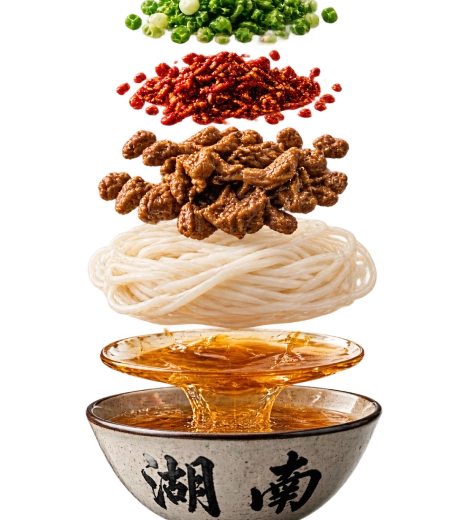 Exploded view of noodles, toppings and broth