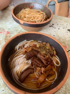 Bowl of wide, flat rice noodles with savory toppings