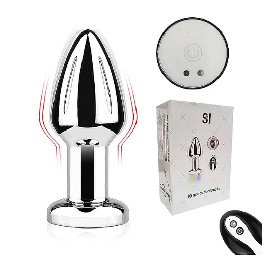 PLUG ANAL EM AÇO COM VIBRO, CONTROLE E LUZ DE LED - RECARREGÁVEL - TAM P