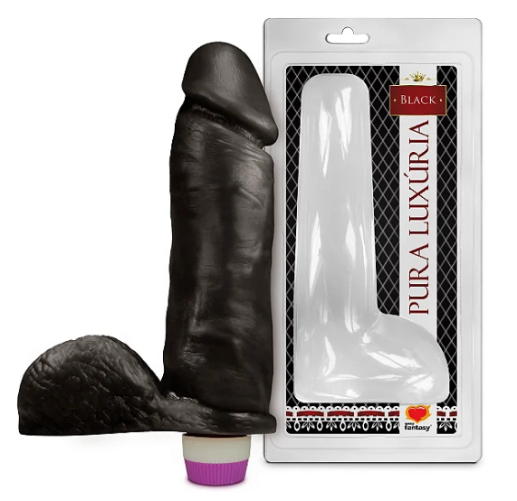 PÊNIS REALÍSTICO PRETO C/ ESCROTO E VIBRO - 20,5 X 4,7 CM