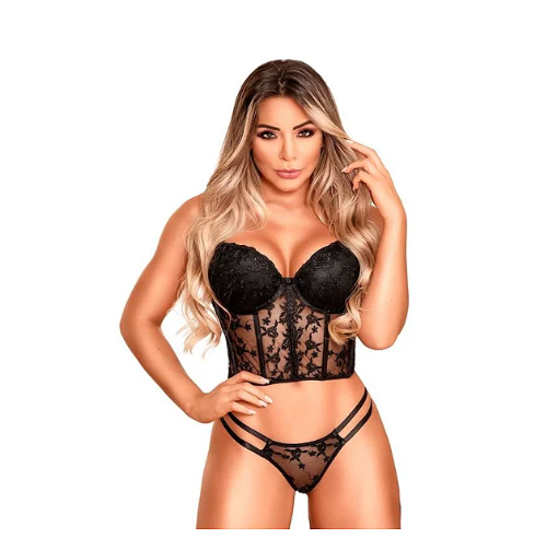 CONJUNTO DE TULE BORDADO COM CROPPED ESTRUTURADO E CALCINHA STRING - YAFFA