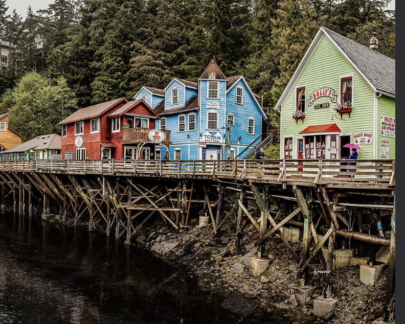 Colorful waterfront buildings along Creek Street in Ketchikan
