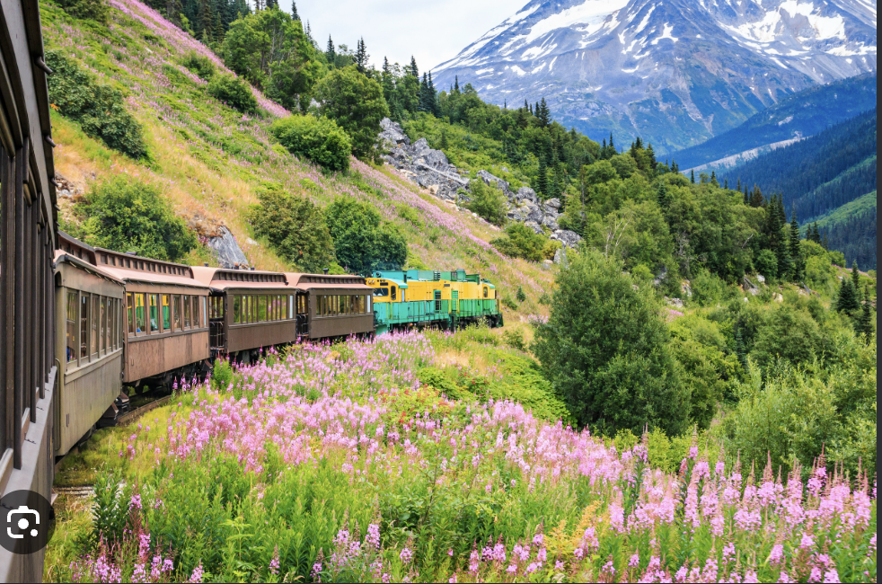 White Pass and Yukon Route train winding along a mountain ledge