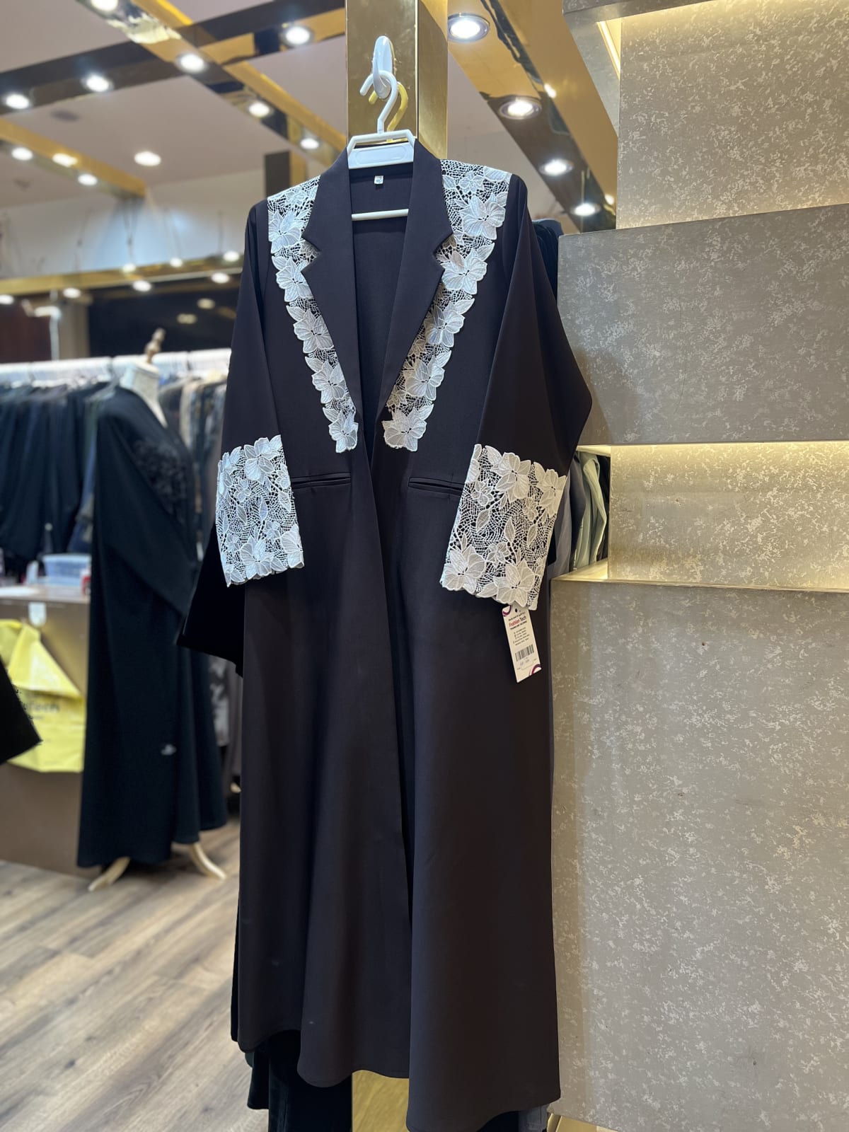 Black Abaya with White Floral Lace Embroidery
