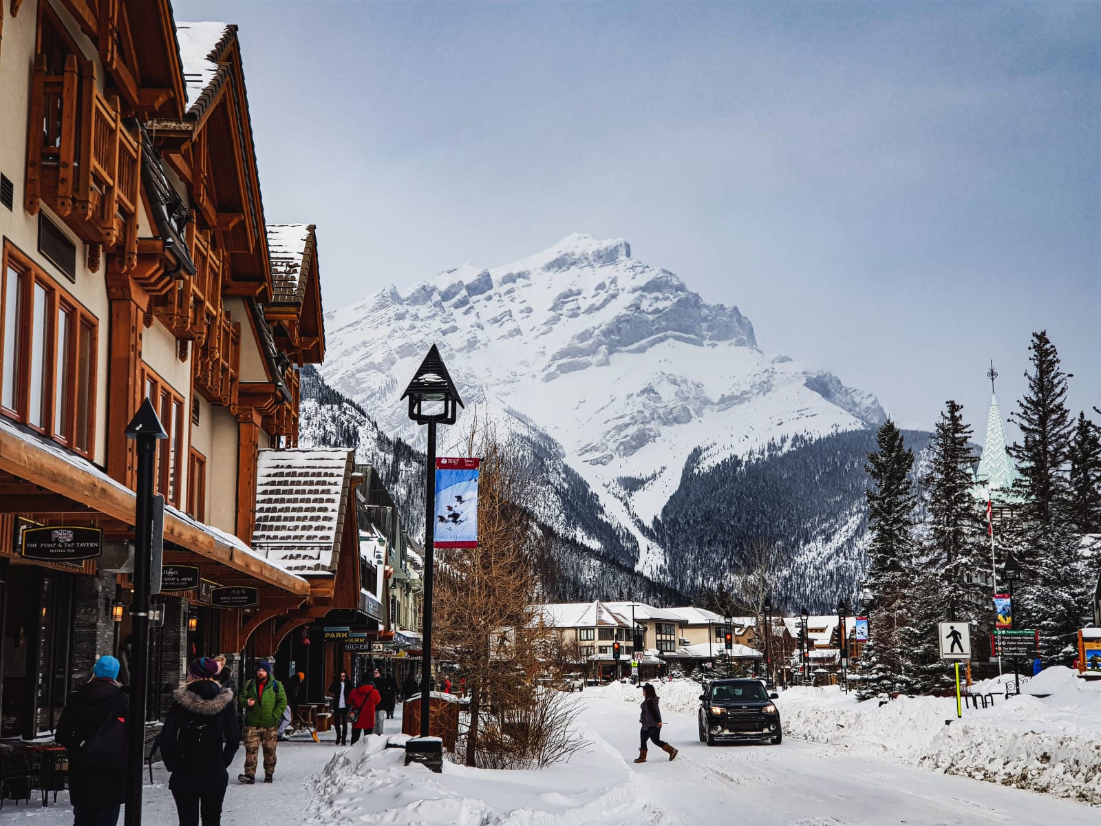 Snow-covered mountains above the town of Banff