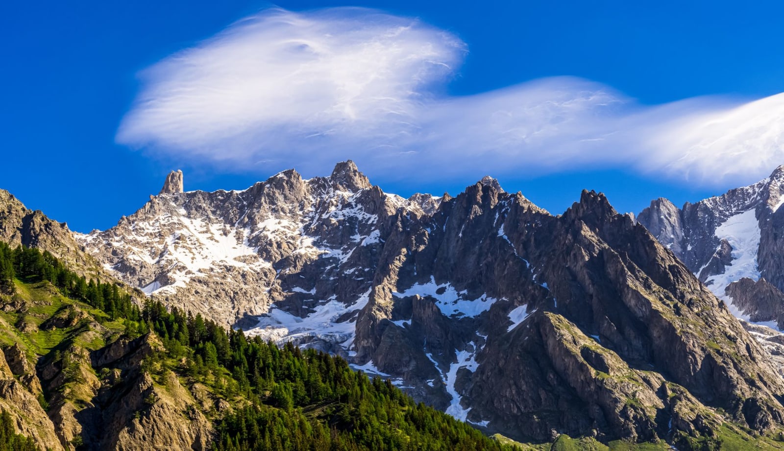 Breathtaking view of the Mont Blanc massif in Courmayeur, Italy, during summer.