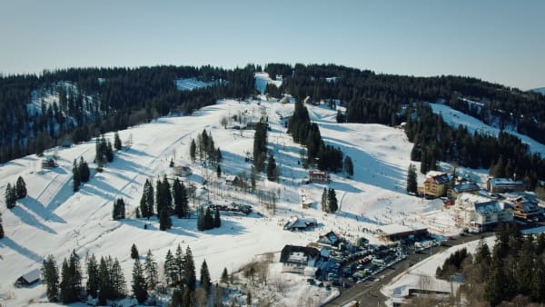 Aerial view of snowy forest and hills at Feldberg, Germany