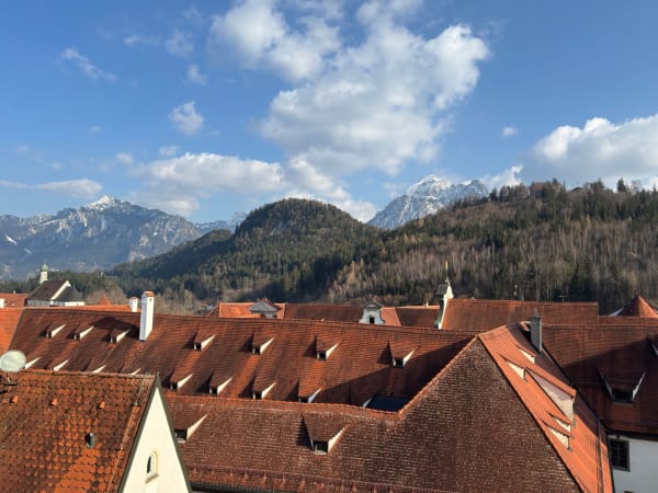 Stunning view of Bavarian rooftops with snow-capped Alps in the background under a bright sky.