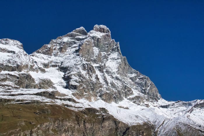 The snow-capped Matterhorn (Monte Cervino) seen from Breuil-Cervinia