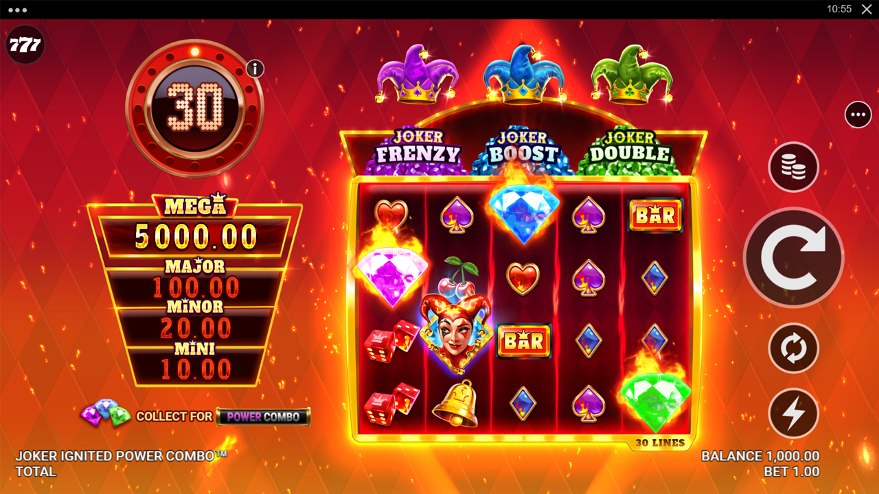 Basisspel van Joker Ignited Power Combo met jackpots en voortgangsmeter